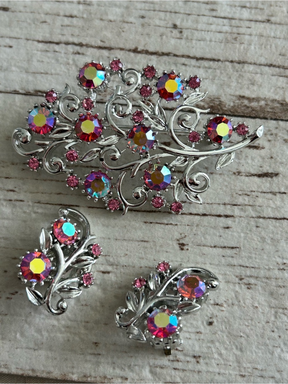 Vintage Silver Floral Aurora Borealis Crystal Brooch & Earrings Set